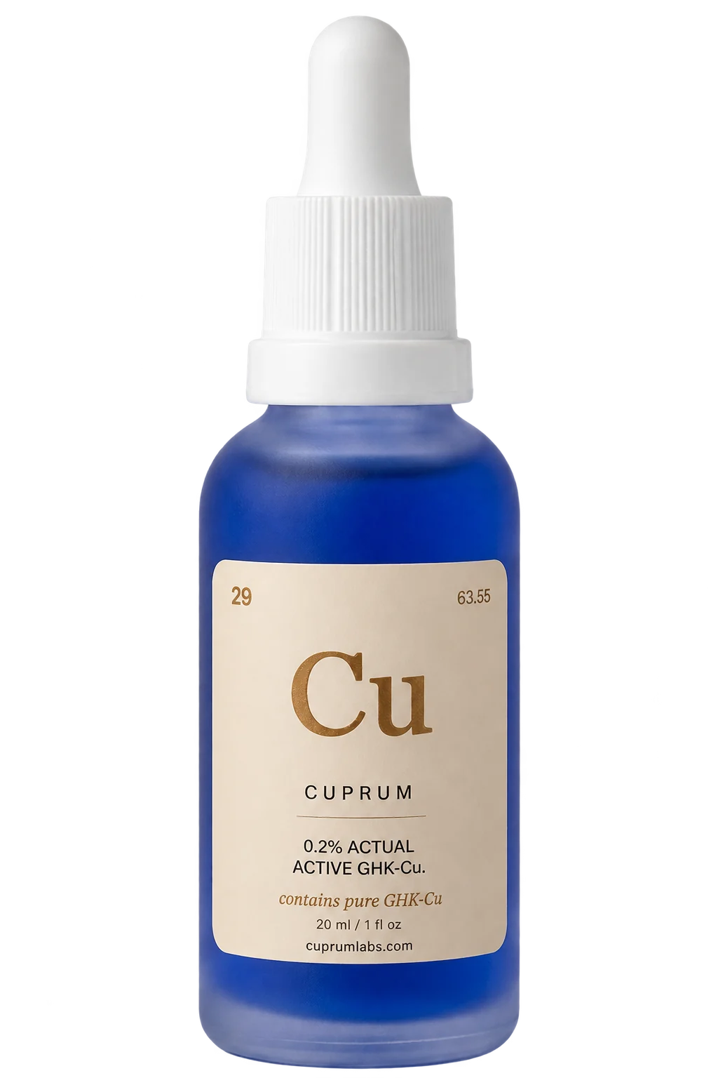The Cuprum serum bottle: blue glass with a white dropper and a cream label printed with a large copper Cu, the atomic number 29, and 0.2% actual active GHK-Cu.