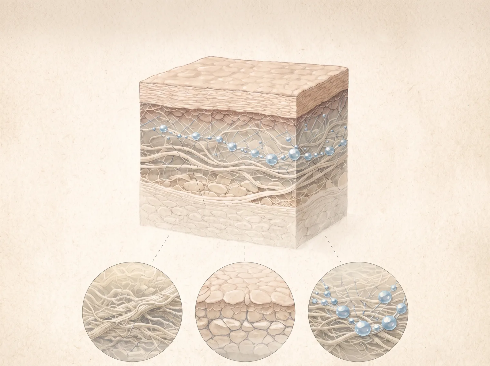 Cross-section illustration of skin: the outer epidermis above, and beneath it the dermis, a dense weave of collagen and elastin fibres, with copper peptide molecules drawn as blue spheres threaded through the weave. Three circular insets magnify the fibre network, the cell layers, and the peptide among the fibres.