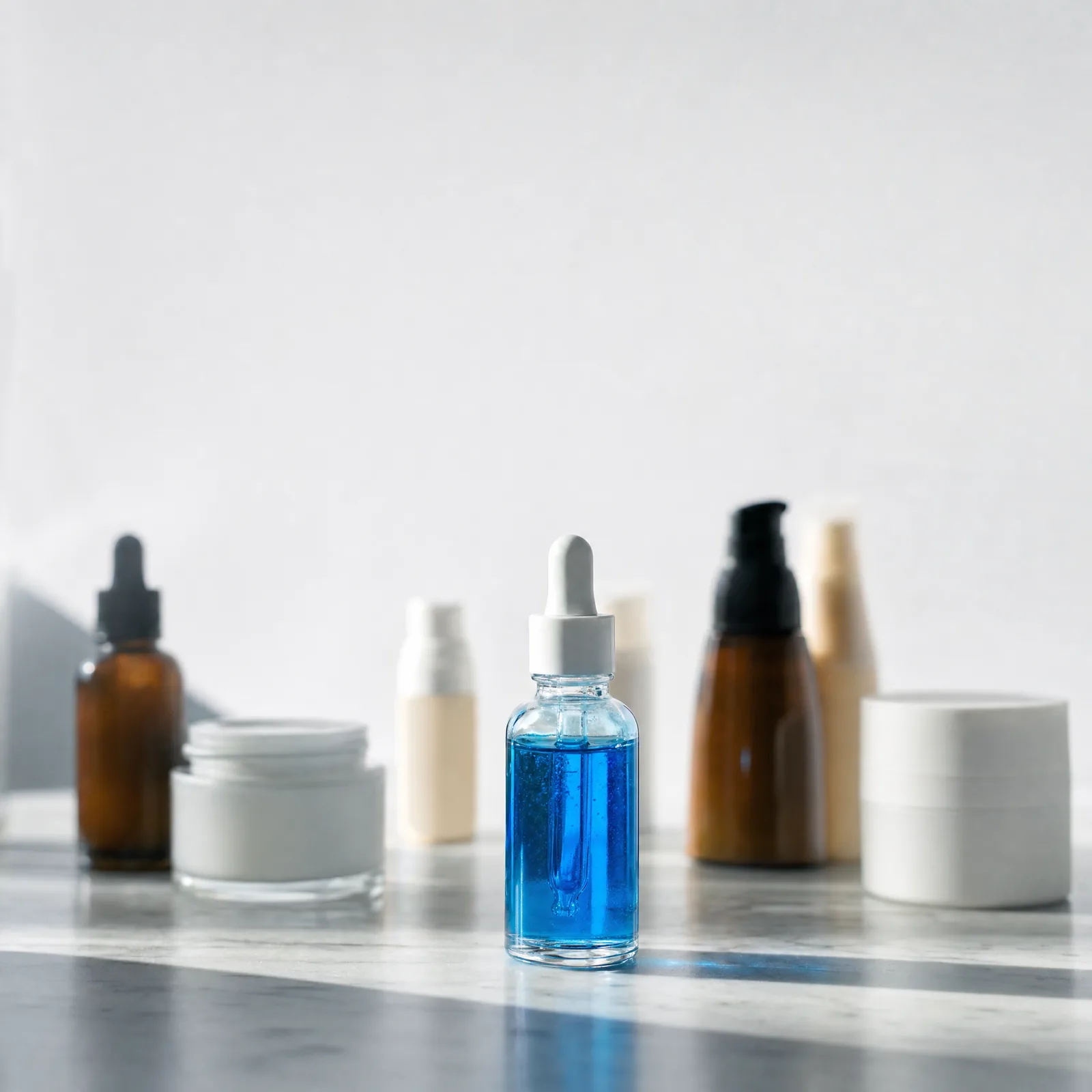 A small glass dropper bottle of blue serum on a marble counter, in front of out-of-focus skincare bottles, pumps and jars.