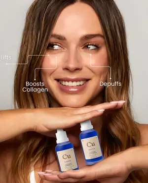 Woman holding two bottles of the serum under her chin, with callouts reading lifts, boosts collagen and depuffs