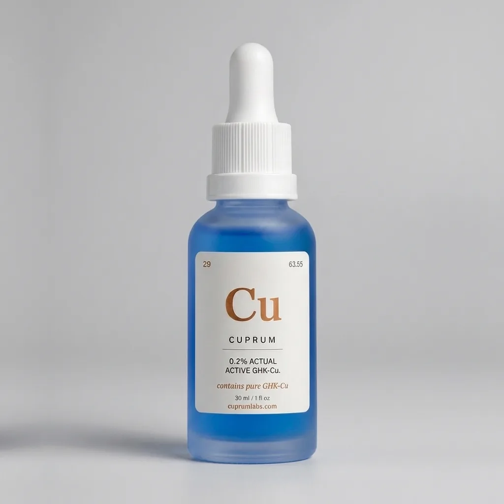 Cuprum Labs GHK-Cu copper peptide serum bottle, label reading 0.2% actual active GHK-Cu